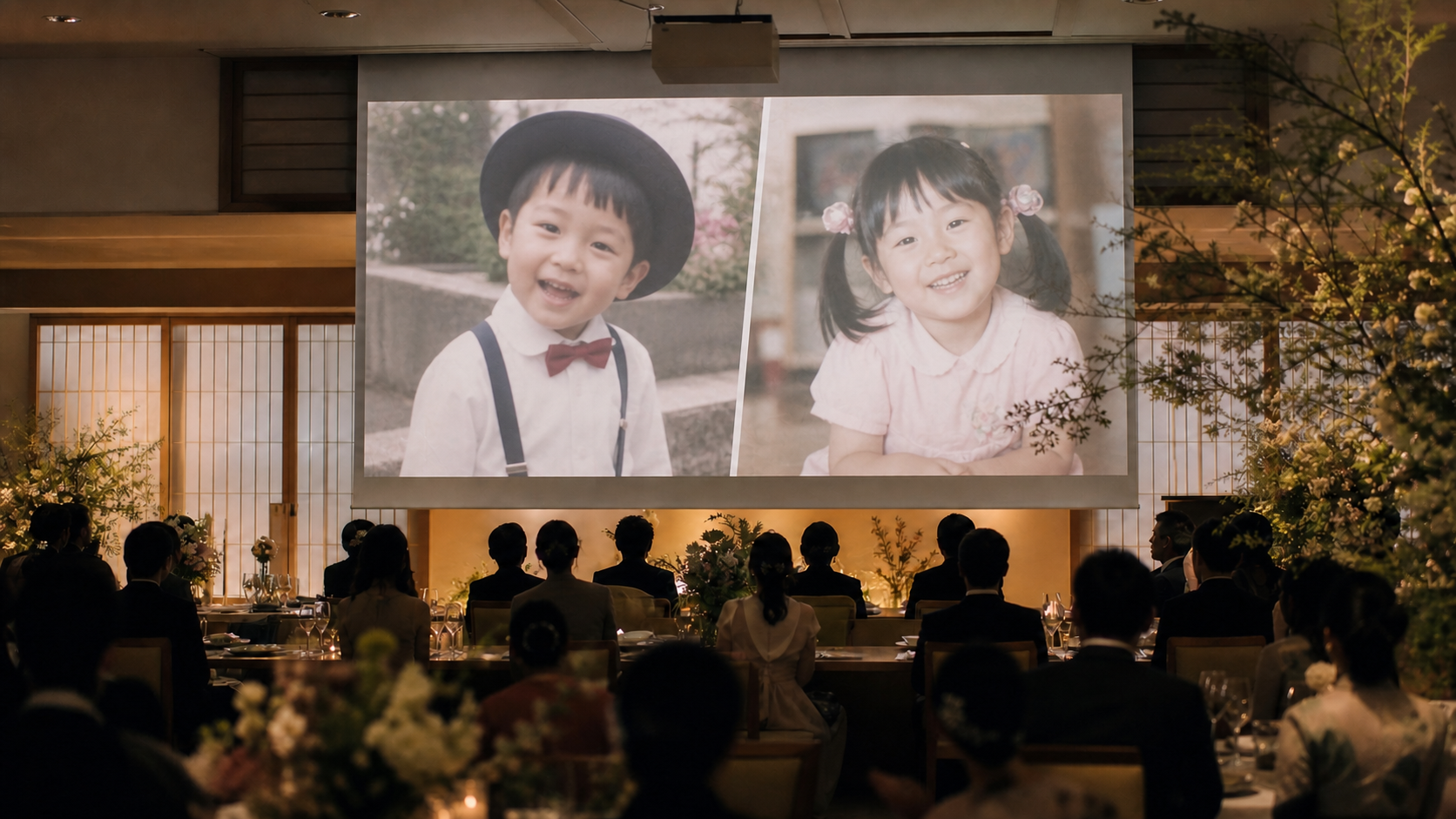 披露宴会場で新郎新婦の幼少期を振り返るプロフィールムービーを上映しているイメージ